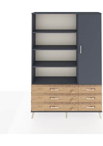 Arges Dolap 8 Raflı 6 Çekmeceli Tek Kapaklı 132X30X195 Antrasit-Antrasit/çam