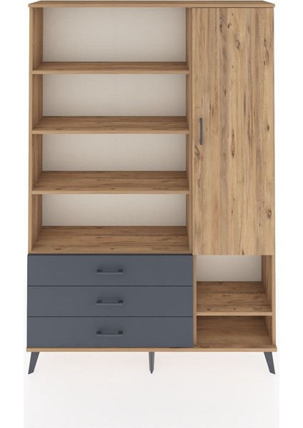 Arges Dolap 9 Raflı 3 Çekmeceli Tek Kapaklı 132X30X195 Çam-Çam/antrasit