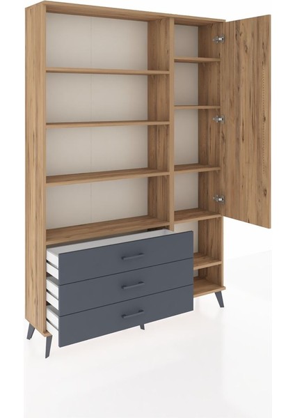 Arges Dolap 9 Raflı 3 Çekmeceli Tek Kapaklı 132X30X195 Çam-Çam/antrasit indirimleri