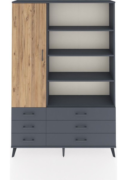Arges Dolap 8 Raflı 6 Çekmeceli Tek Kapaklı 132X30X195 Antrasit-Çam/antrasit