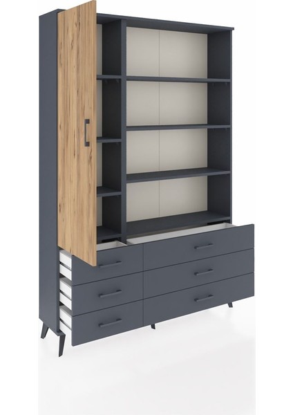 Arges Dolap 8 Raflı 6 Çekmeceli Tek Kapaklı 132X30X195 Antrasit-Çam/antrasit indirimleri