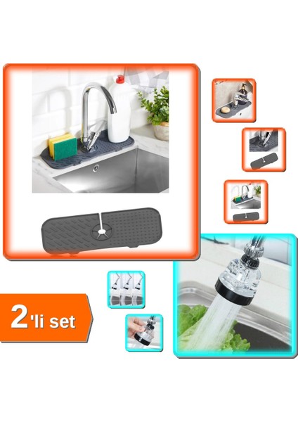 Mutfak Banyo Için Esnek Musluk Lavabo Matı + Oynar Musluk Başlığı 2'li Set 3F4G5H