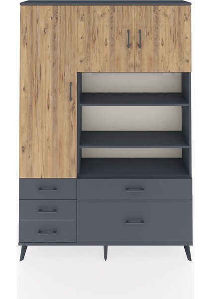 Arges Dolap 9 Raflı 5 Çekmeceli 3 Kapaklı 132X30X195 Antrasit-Çam/antrasit