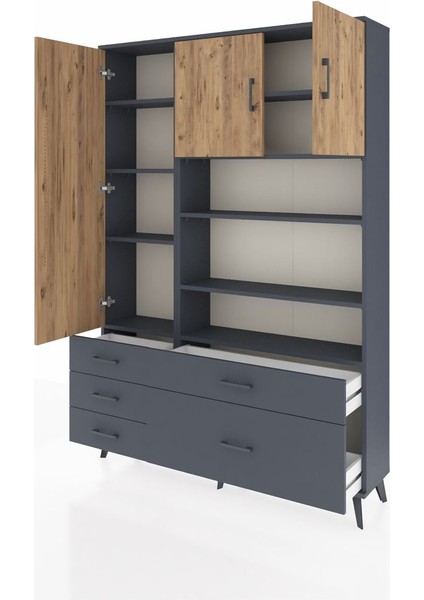 Arges Dolap 9 Raflı 5 Çekmeceli 3 Kapaklı 132X30X195 Antrasit-Çam/antrasit modelleri