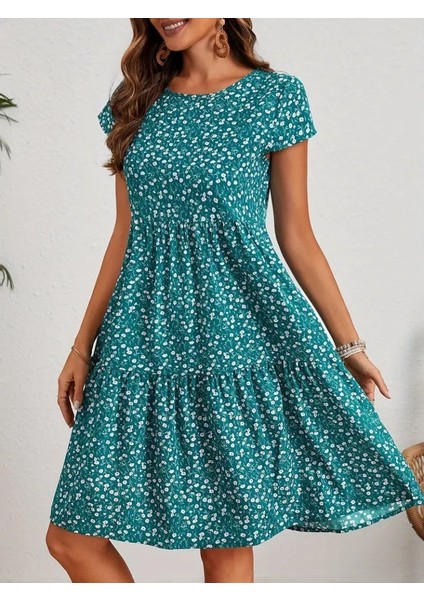 Kadın Kısa Kollu Bisiklet Yaka Çiçek Desenli Süprem Elbise fiyatları