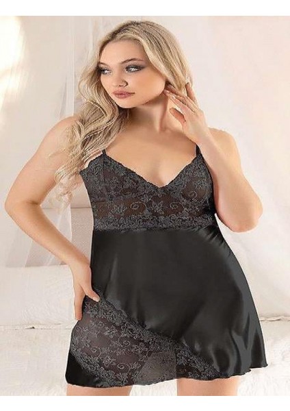 - Siyah Dantel Işlemeli Ince Askılı Saten Kısa Fantezi Gecelik fiyatları