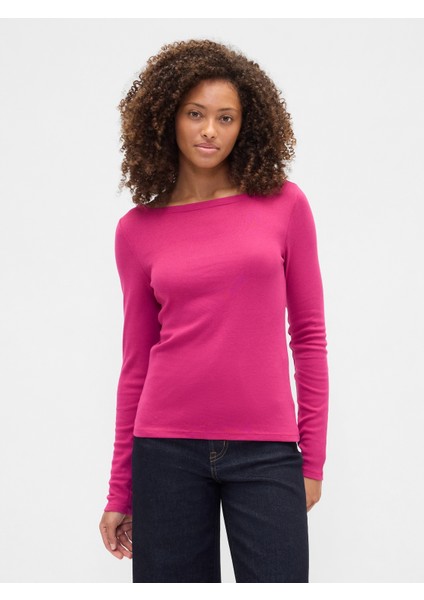 Kadın Pembe Modern Boatneck Yakalı T-Shirt
