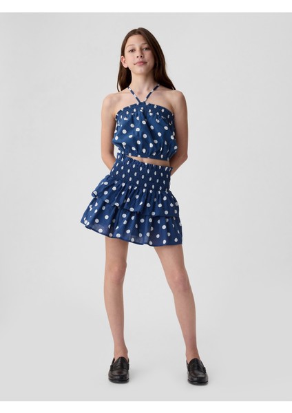 Kız Çocuk Koyu Mavi Desenli Büzgülü Şort Etek