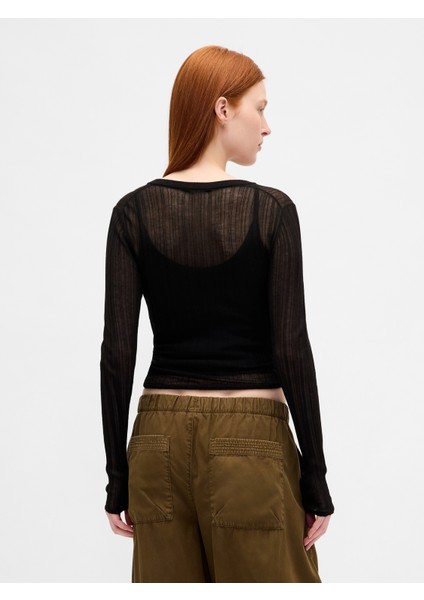 Kadın Siyah Transparan Fitilli Henley Kazak fırsatları