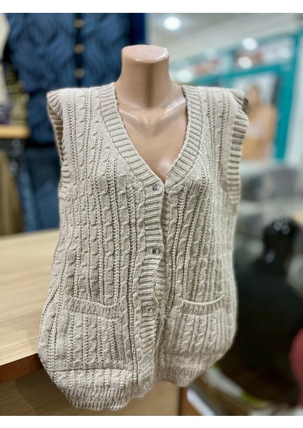 Kadın Triko Düğmeli Cepli Yelek