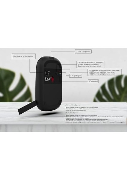 Inca IWM-242ST Çift Mod Sessiz Kablosuz Mouse, Bluetooth 5.4 + 2.4g, 800-1600 Dpı, 500MAH Şarj Edilebilir, 70G, Siyah fiyatları