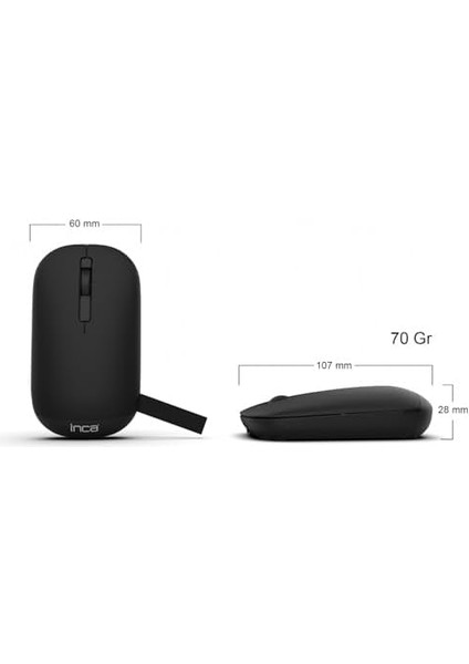 Inca IWM-242ST Çift Mod Sessiz Kablosuz Mouse, Bluetooth 5.4 + 2.4g, 800-1600 Dpı, 500MAH Şarj Edilebilir, 70G, Siyah modelleri