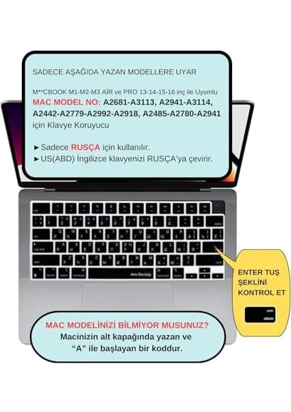 MacBook Klavye Koruyucu Rusça Baskılı Us Amerikan- Return Enter Tipi, Air 13,6-15,3inç- Pro 14,2-16,2inç M1-M2-M3-M4 Pro Max Uyumlu, Silikon Klavye Filmi, Ultra Ince Hafif Yıkanabilir Siyah modelleri