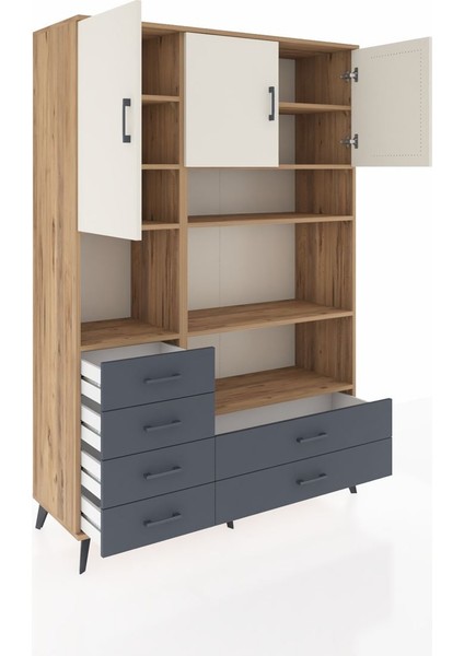 Hyperion Dolap 9 Raflı 6 Çekmeceli 3 Kapaklı 132X44X195 Çam-Aytaşı/antrasit indirimleri