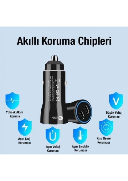 60W Turbo Araç Şarjı 2 Type-C Girişli Şarj Akım Korumalı Araç Çakmaklık Şarjı 12V-24V Araç Şarj fiyatları