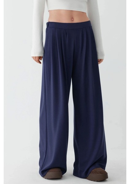 Kadın Modal Touch Pile Detaylı Geniş Paça Pantolon Lacivert
