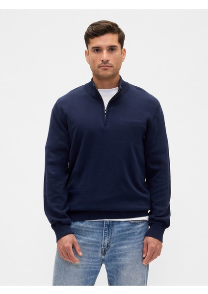 Erkek Lacivert Relaxed Yarım Fermuarlı Mockneck Kazak