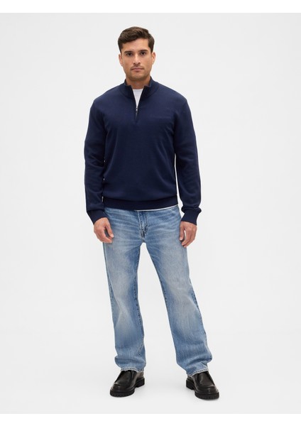 Erkek Lacivert Relaxed Yarım Fermuarlı Mockneck Kazak indirimleri