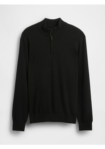 Erkek Siyah Relaxed Yarım Fermuarlı Mockneck Kazak fiyatları