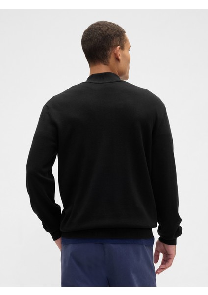 Erkek Siyah Relaxed Yarım Fermuarlı Mockneck Kazak