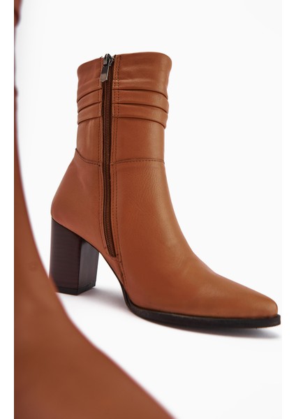 Tamina Hakiki Deri Taba Sivri Burunlu Topuklu Kadın Bot modelleri