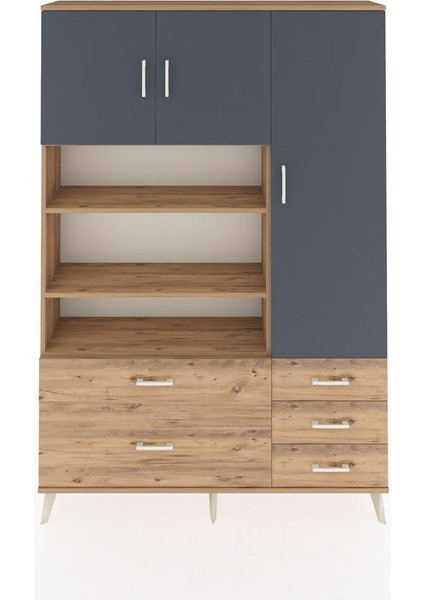 Arges Dolap 9 Raflı 5 Çekmeceli 3 Kapaklı 132X30X195 Çam-Antrasit/çam