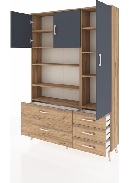 Arges Dolap 9 Raflı 5 Çekmeceli 3 Kapaklı 132X30X195 Çam-Antrasit/çam modelleri