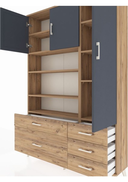 Arges Dolap 9 Raflı 5 Çekmeceli 3 Kapaklı 132X30X195 Çam-Antrasit/çam fırsatları
