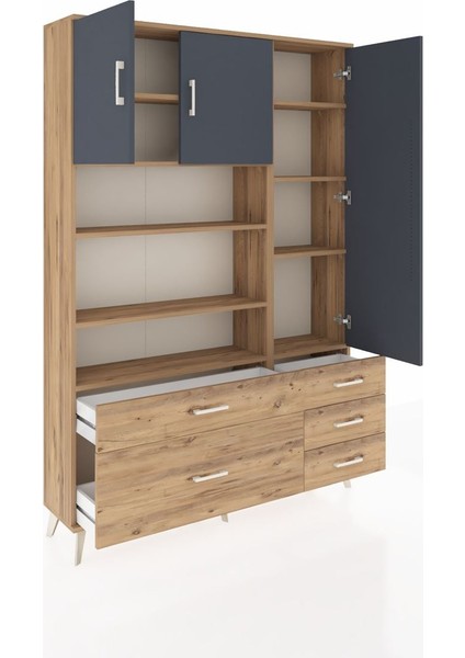 Arges Dolap 9 Raflı 5 Çekmeceli 3 Kapaklı 132X30X195 Çam-Antrasit/çam indirimleri