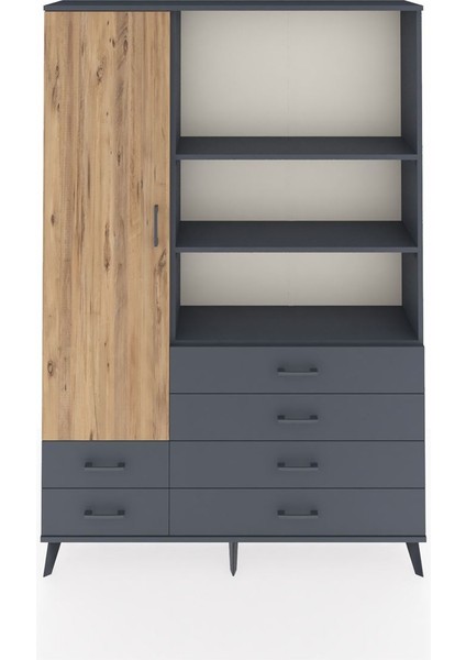 Arges Dolap 7 Raflı 6 Çekmeceli Tek Kapaklı 132X30X195 Antrasit-Çam/antrasit