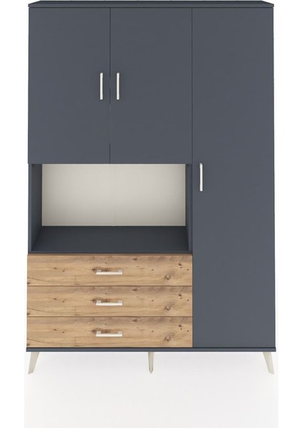 Arges Dolap 7 Raflı 3 Çekmeceli 3 Kapaklı 132X30X195 Antrasit-Antrasit/çam