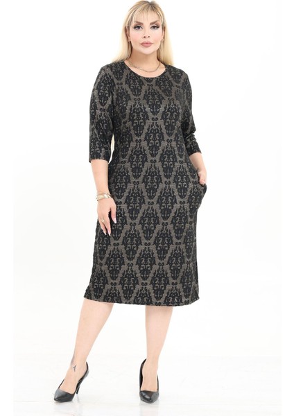 Çift Cepli Desenli Esnek Kışlık Büyük Beden Midi Elbise 16C-2723