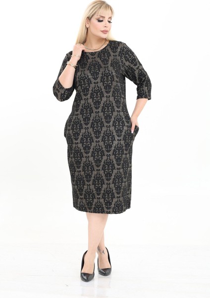 Çift Cepli Desenli Esnek Kışlık Büyük Beden Midi Elbise 16C-2723 fiyatları