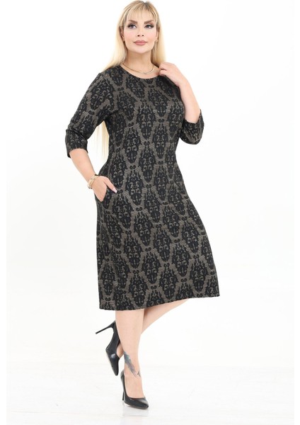 Çift Cepli Desenli Esnek Kışlık Büyük Beden Midi Elbise 16C-2723 modelleri