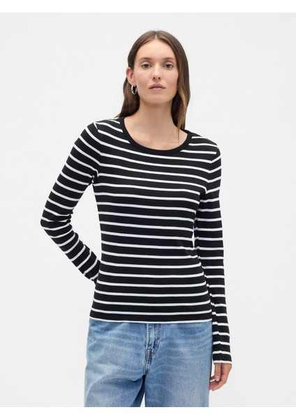 Kadın Siyah Modern Stripe Crewneck T-Shirt