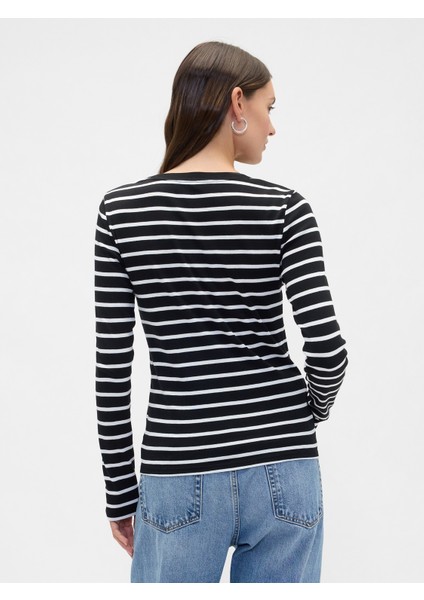 Kadın Siyah Modern Stripe Crewneck T-Shirt indirimleri