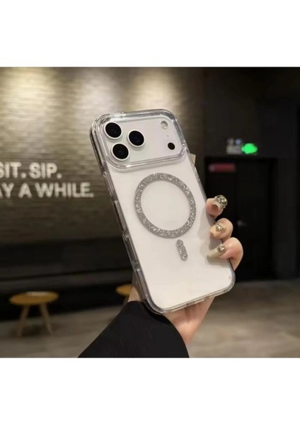 iPhone 17 Pro Max Kılıf Simli Magsafe Manyetik Halkası Shiny Şeffaf Clear Sararmaz Sert Pc Tam Kalıp