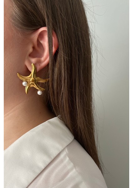 Altın Rengi Inci Detaylı Denizyıldızı Çelik Küpe