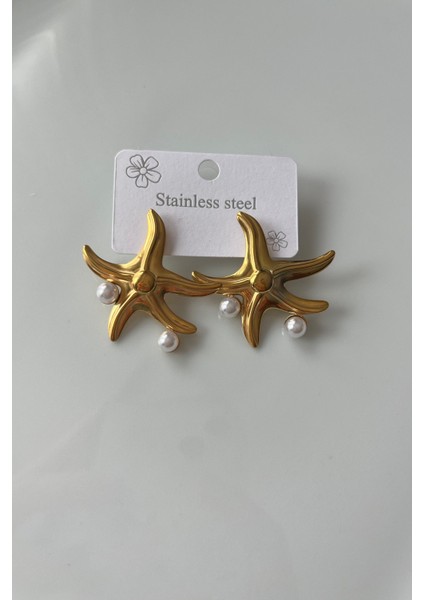 Altın Rengi Inci Detaylı Denizyıldızı Çelik Küpe fiyatları