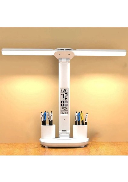 Led Dokunmatik Katlanabilir Masa Lambası Takvim Sıcaklık Saat Şarjlı Masa Lambası ( Lisinya )