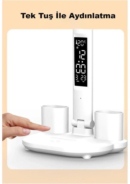 Led Dokunmatik Katlanabilir Masa Lambası Takvim Sıcaklık Saat Şarjlı Masa Lambası ( Lisinya )