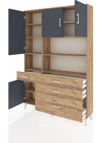 Arges Dolap 9 Raflı 4 Çekmeceli 4 Kapaklı 132X30X195 Çam-Antrasit/çam modelleri