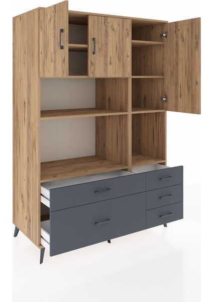 Kronos Dolap 8 Raflı 5 Çekmeceli 3 Kapaklı 132X59X195 Çam-Çam/antrasit indirimleri