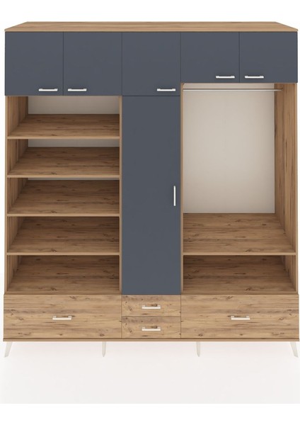 Kronos Dolap 18 Raflı 4 Çekmeceli Tek Askılı 220X59X243 Çam-Antrasit/çam