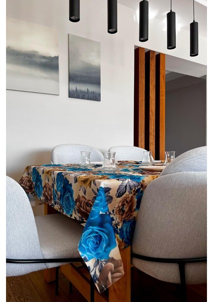 & Laurel Baskılı Yıkanabilir Masa Örtüsü Mutfak Bahçe Piknik Masa Örtüsü Mavi Ağırlıklı Çiçek Desenli (140X200)