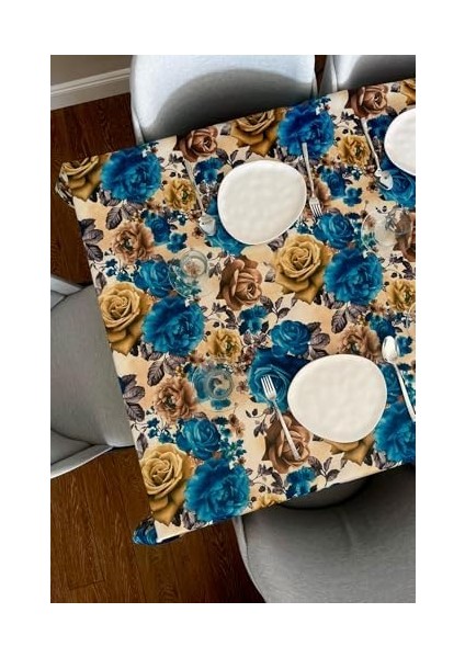 & Laurel Baskılı Yıkanabilir Masa Örtüsü Mutfak Bahçe Piknik Masa Örtüsü Mavi Ağırlıklı Çiçek Desenli (140X200) modelleri