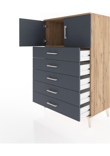 Hyperion Dolap Tek Raflı 5 Çekmeceli 2 Kapaklı 88X44X134 Çam-Antrasit fırsatları