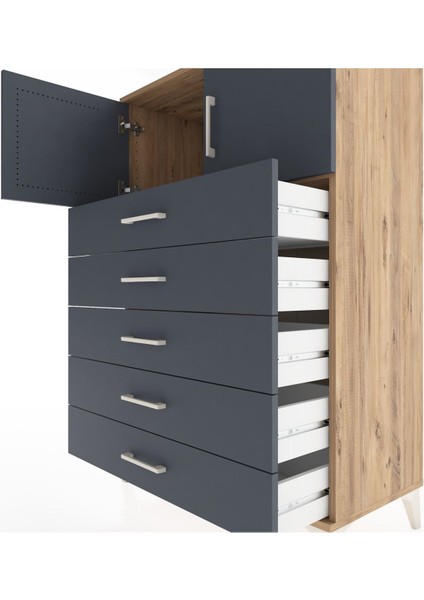 Hyperion Dolap Tek Raflı 5 Çekmeceli 2 Kapaklı 88X44X134 Çam-Antrasit indirimleri