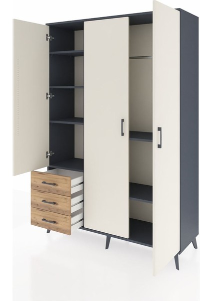 Hyperion Dolap 6 Raflı 3 Çekmeceli Tek Askılı 132X44X195 Antrasit-Aytaşı/çam modelleri