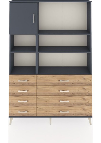 Arges Dolap 7 Raflı 8 Çekmeceli Tek Kapaklı 132X30X195 Antrasit-Antrasit/çam